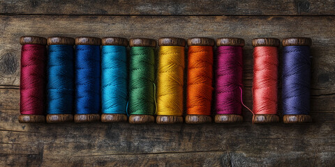 Leinwandbilder - Ten spools of colorful thread arranged on rustic wood background, showcasing vibrant hues and textile textures, symbolizing craftsmanship, creativity, and handmade artistry