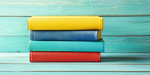 Poster - Stack of four colorful books on turquoise wooden surface, showcasing vibrant hues and simple design, representing knowledge, education, and reading