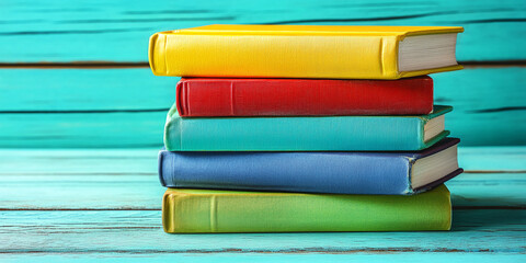 Aufkleber - Stack of colorful books on turquoise wooden surface, showcasing knowledge, education, and reading, perfect for educational or library concepts