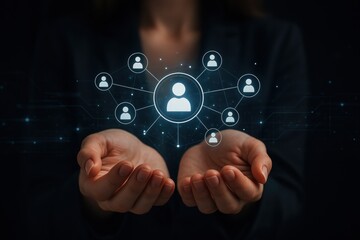 Poster - Networking and Connectivity: Hands cradle a digital network of connected individuals, suggesting interaction and the sharing of information.