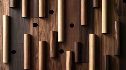 Aufkleber - Abstract wood texture background showcasing cylindrical and rectangular wood pieces arranged on wooden surface creating modern and geometric design ideal for interior design or architectural concept