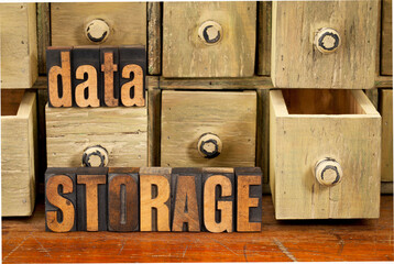 Wall Mural - data storage concept - words in vintage letterpress wood type and primitive rustic wooden apothecary