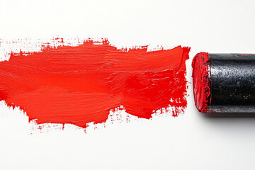 Poster - Red paint stroke on white background, created with roller, showcasing texture and free space for text or design, symbolizing creativity, energy, and bold statement