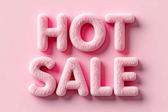 Creative fluffy pink text spelling HOT SALE on a soft pink background, ideal for promotional or marketing purposes.