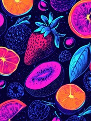 Fototapete - Bold neon fruit illustrations create a vibrant pop-art aesthetic in electric blue and pink hues