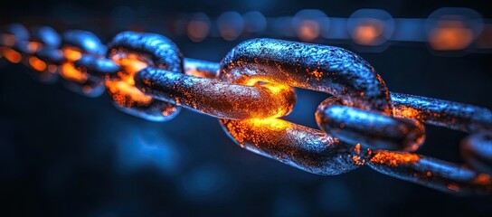 A detailed shot of a glowing blockchain link, representing security, fintech, and digital data. Highlights cyber concepts, cryptography, and AI integration
