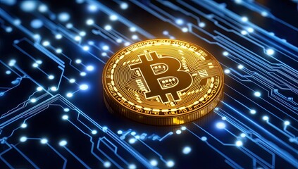 Poster - Fintech and graphic design; bitcoins displayed with artistic visuals; cryptocurrency and modern finance; digital money in a futuristic context