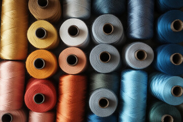 Aufkleber - Overhead shot of numerous spools of thread, showcasing a variety of muted colors.  The image represents craftsmanship, textile industry, and color palettes