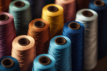 Poster - Close-up of colorful thread spools, showcasing various textures and shades, representing craftsmanship, textile industry, and creativity