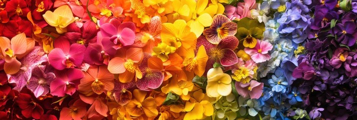Poster - Beautiful arrangement of real flowers in vibrant rainbow gradient showcasing natures stunning colors and intricate details, perfect for floral enthusiasts