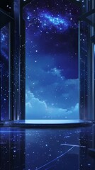 Wall Mural - a blue sky with stars and a large window. the window is open and the stars are shining through it