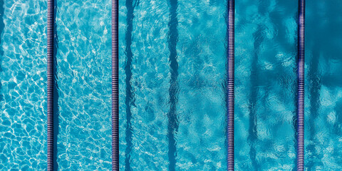 Poster - Aerial view of turquoise swimming pool lanes, showing textured water surface and dark lane dividers, representing summer, sport, and aquatic leisure