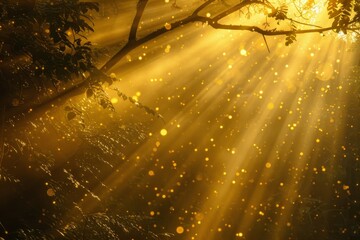 Poster - Sunlight streams through the branches of a forest, illuminating the air with golden light, Glowing with a radiant golden light