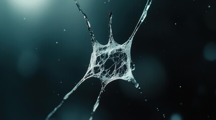 Intricate dew-covered spider web in low light