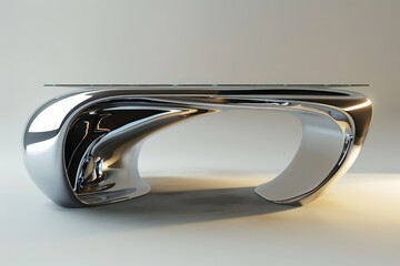 Poster - a futuristic interior featuring curved metallic furniture and a large reflective mirror, a futuristi