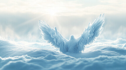 Poster - Ice bird with spread wings in snowy landscape, symbolizing freedom, peace, and winter beauty, perfect for winter or nature themes