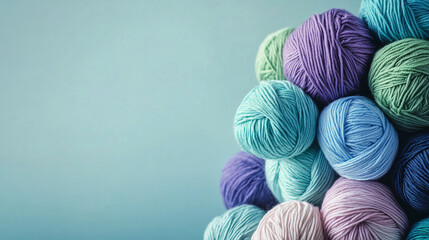 Aufkleber - Pastel yarn balls arranged in a pile against a light-blue background, showcasing diverse colors and textures, representing craft, creativity, and handmade artistry, perfect for hobby or textile themes
