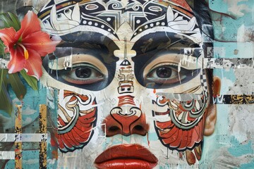 Poster - a close-up portrait of a womans face, composed of collaged elements, a multimedia artwork combining 