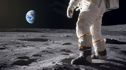 Wall Mural - Astronaut standing on the moon's surface Earth visible in the distance under the deep blackness of space.