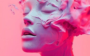 Poster - A surreal representation of a serene face with flowing textures and vibrant colors, evoking deep emotion and introspection in a dreamlike atmosphere