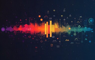 Poster - A vibrant and colorful digital soundwave visualization, showcasing various icons and elements related to technology and creativity, perfect for representing audio and media concept