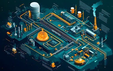 Poster - an intricate illustration of an industrial landscape, showcasing various factories, pipelines, and e