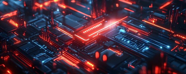 Poster - An intricate and vibrant digital circuit board featuring glowing red and blue lights, symbolizing advanced technology and innovation