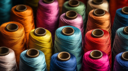 Poster - Close-up of colorful thread spools, showcasing diverse textures and hues. Represents craftsmanship, creativity, and textile artistry