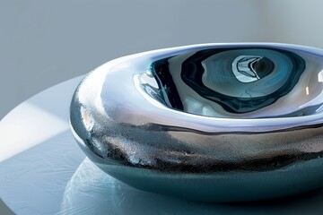 Poster - a close-up view of a smooth, silver topaz bowl reflecting light on a white tabletop, soft and smooth