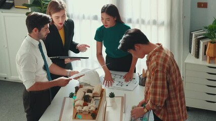 Poster - professional architect engineer sitting while explain house plan to manager. aerial view of smart de