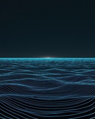 Poster - Glowing Blue Abstract Ocean Landscape with a Starry Night Sky, Futuristic Data Visualization Concept