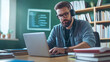 © Maksym Tereshchenko - Wide view of an adult education teacher setting up a digital whiteboard, headphones around their neck, a laptop open to the video conference app, and a stack of textbooks nearby
