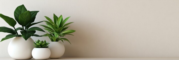 Poster - Modern home decor featuring green plants in elegant white ceramic vases against a neutral background enhancing indoor aesthetics