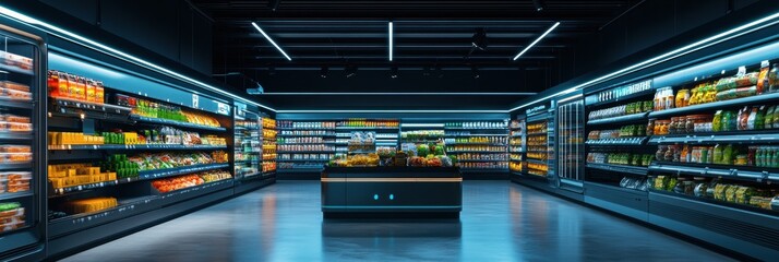 Aufkleber - Explore a futuristic grocery store featuring AI robots and neon glowing shelves for a high-tech shopping experience