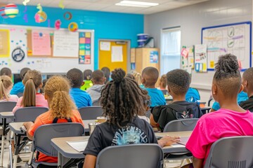 Poster - A diverse group of students sit at desks in a classroom, facing the front, Classroom setting with diverse group of students engaged in learning