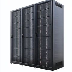 Poster - High-density server cabinets in data center, offering robust storage and efficient computing for enterprise workloads on an isolated background.