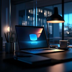 Poster - Late Night Coding Session: Laptop, Coffee, and City Lights Illuminate the Workspace