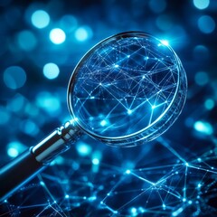 Aufkleber - Magnifying Glass over Network Data: Exploring Connectivity and Insights in the Digital Age, blue tones dominate the scene.