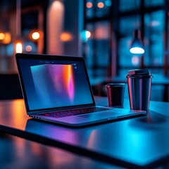 Aufkleber - Neon Workplace: Laptop and Coffee Cup in a Modern, Futuristic Office Setting with Vibrant Colors