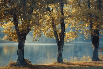 Poster - Trees with golden leaves stand by a calm lake on a sunny day, Trees dancing in the gentle breeze by the lakeside