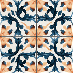 Poster - Seamless tileable texture featuring intricate blue and orange floral pattern on white background