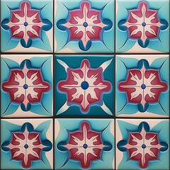 Poster - Vintage floral pattern decorating a wall with colorful ceramic tiles