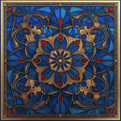 Poster - Golden floral pattern decorating a blue stained glass window