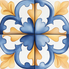 Poster - Seamless majolica pattern forming a blue and yellow floral cross on white background