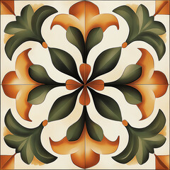 Poster - Decorative floral tile showing green and orange foliage creating a repeating pattern
