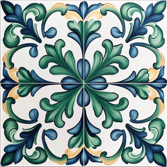 Poster - Seamless repeating floral pattern on square ceramic tile showing four tiles