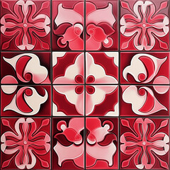 Poster - Red and pink ornamental tiles creating seamless decorative pattern