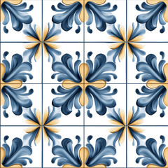 Poster - Seamless tile pattern showing blue and gold floral ornaments on white background