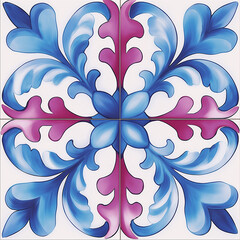 Poster - Blue and pink majolica floral pattern creating a decorative tile design