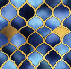 Poster - Quatrefoil moroccan tiles pattern showing blue and gold colors